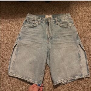 Agolde high rise relaxed straight denim shorts in light wash blue